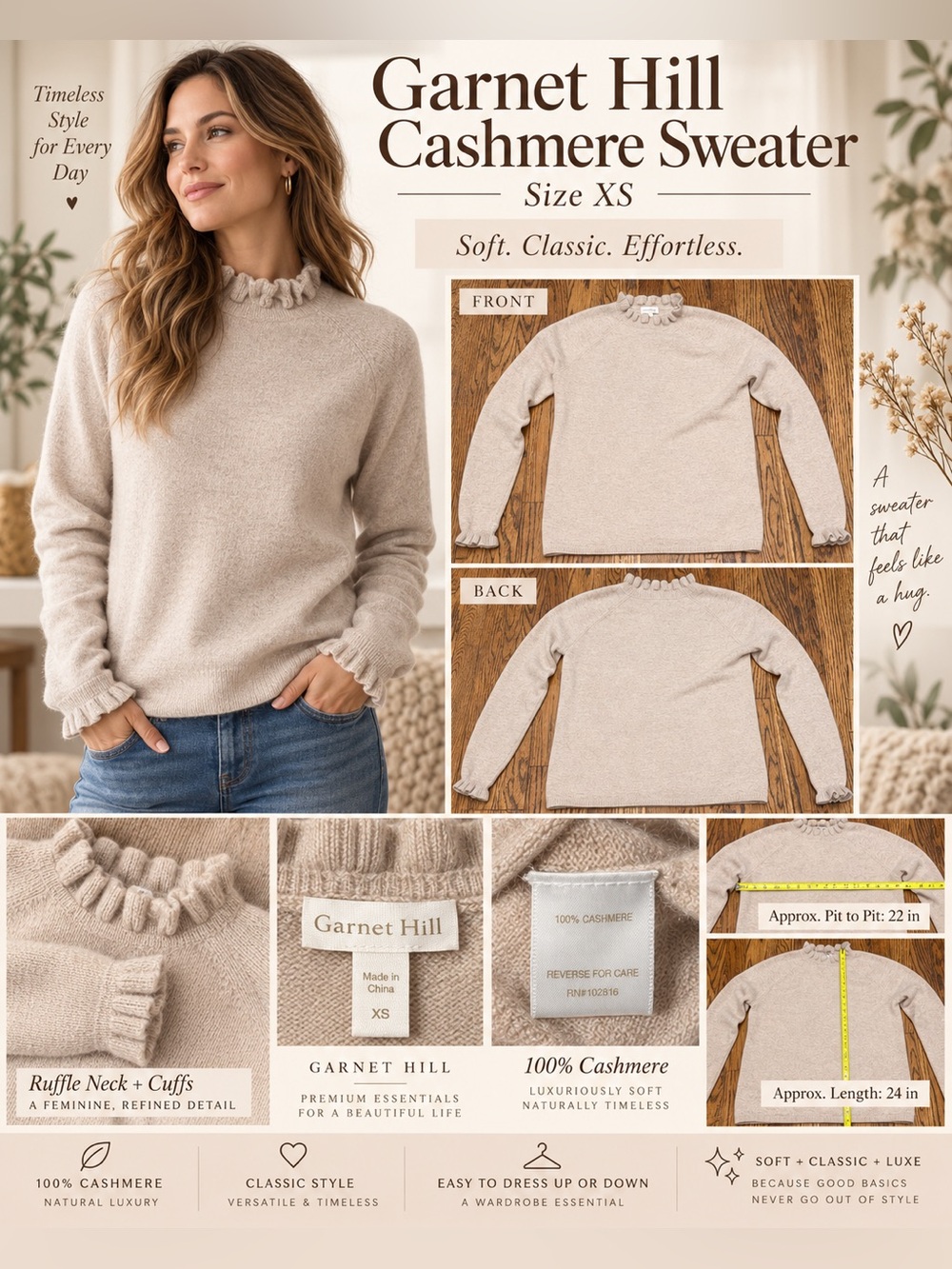 Garnet Hill 100% Cashmere Ruffle Neck Sweater Oatmeal Beige Women’s XS